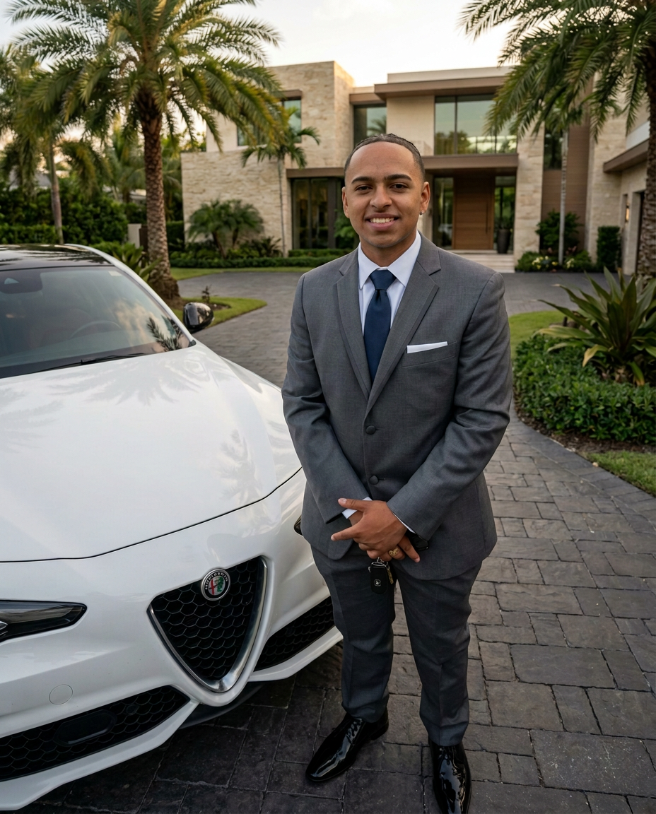 Marcus Rosado beside a white car in a palm-lined driveway