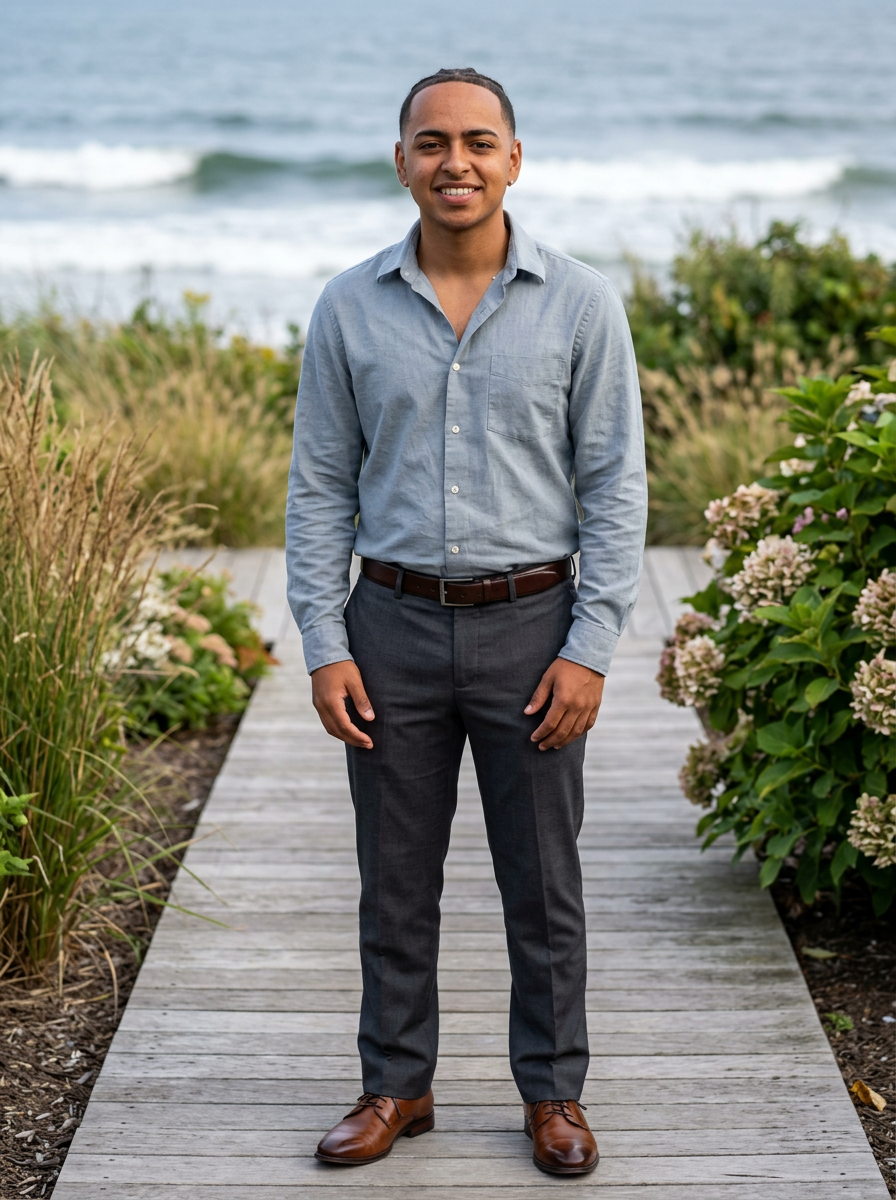 Marcus Rosado of Rhode Island in a casual button-up shirt and dress pants